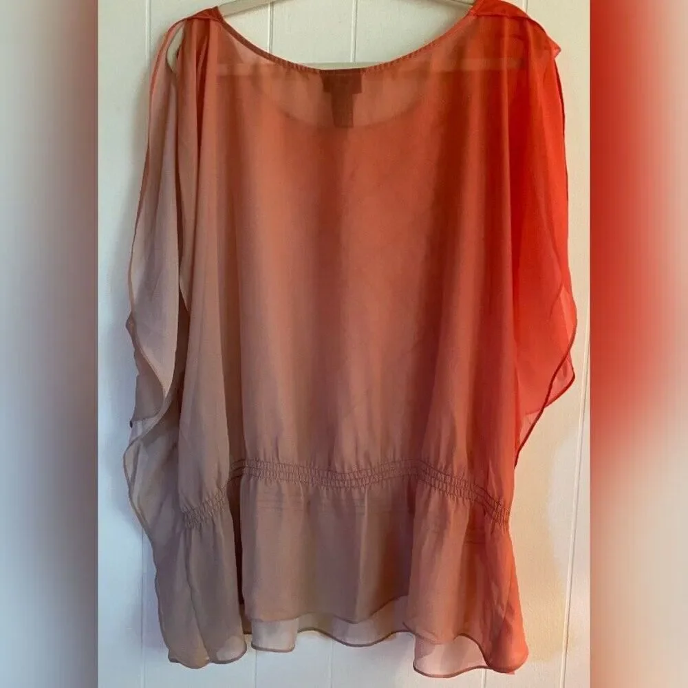 Lane Bryant Blouse Women’s 22 Orange Sequins Flutter Sleeves Sheer Ruffles Fairy - Picture 2 of 5